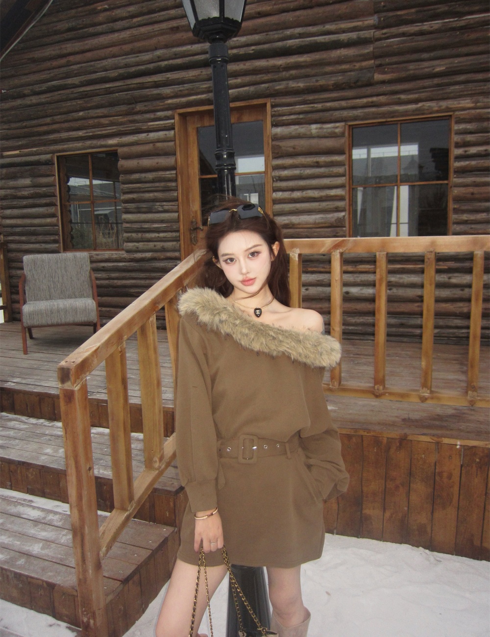 Fur collar retro hoodie flat shoulder unique skirt