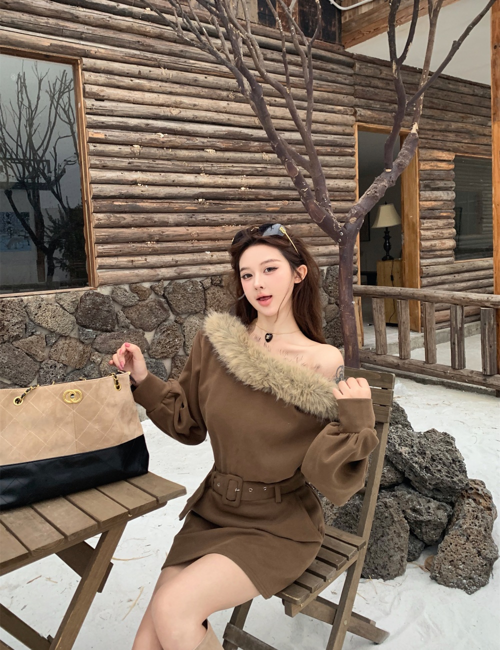 Fur collar retro hoodie flat shoulder unique skirt