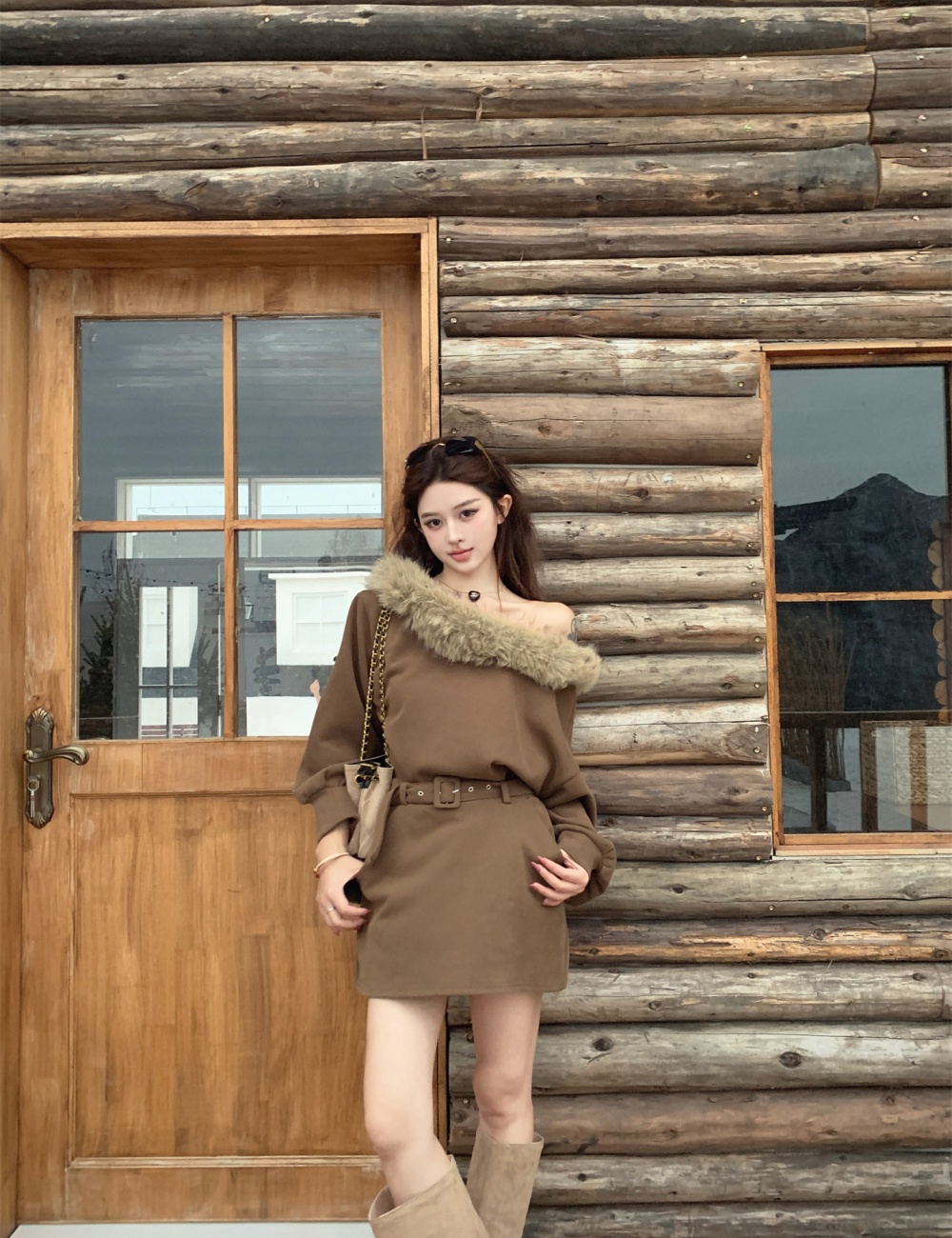 Fur collar retro hoodie flat shoulder unique skirt