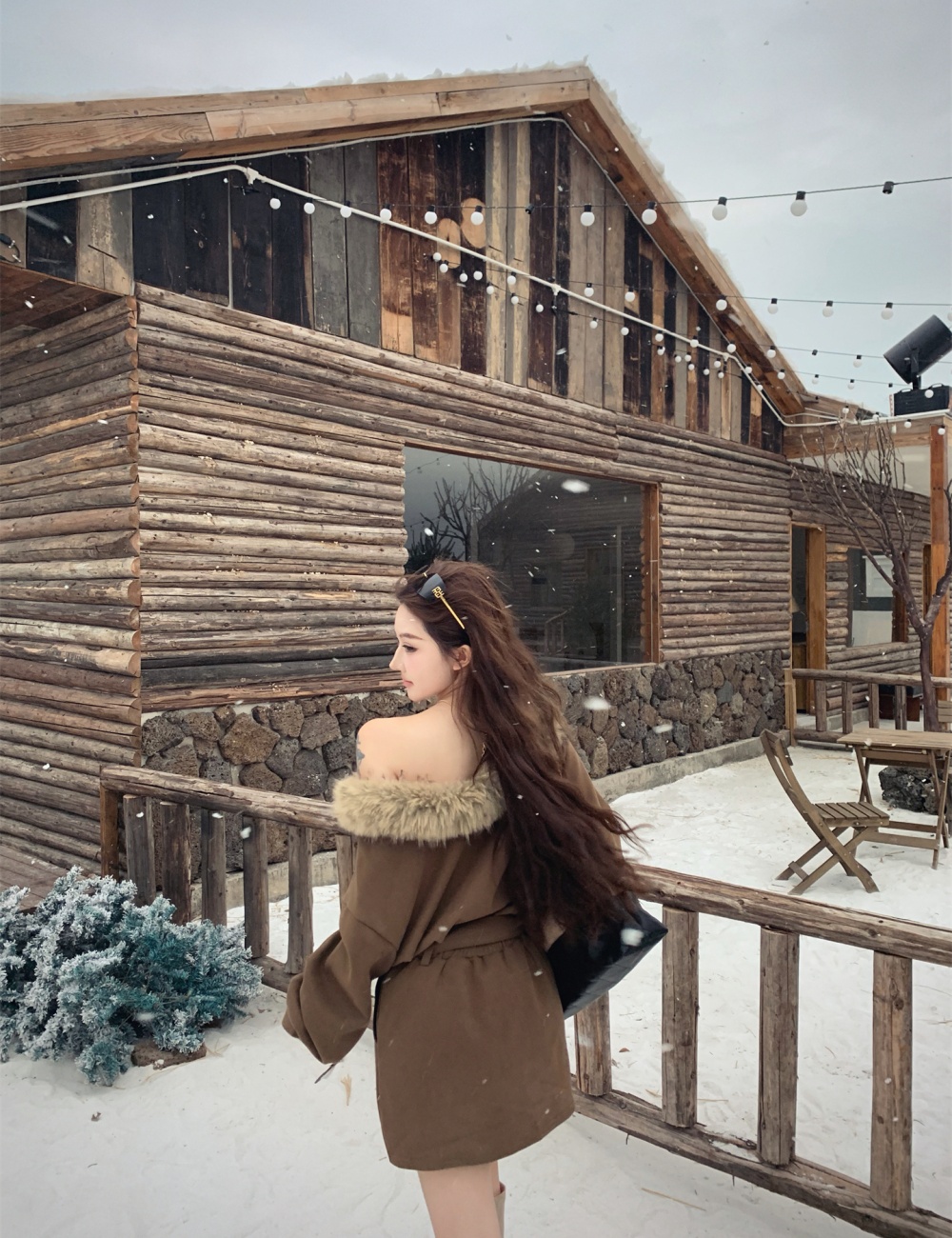 Fur collar retro hoodie flat shoulder unique skirt