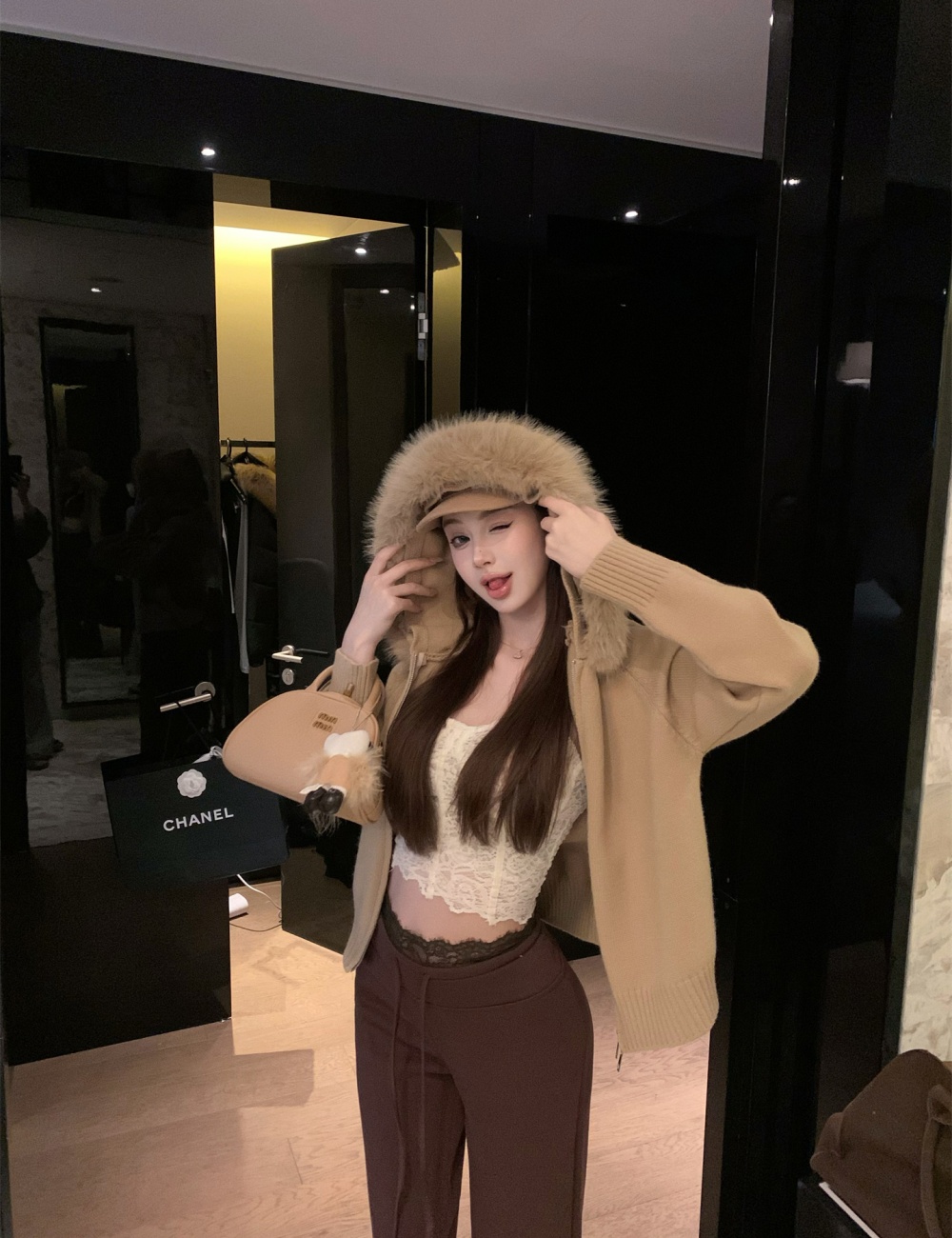 Fur collar sweater detachable coat