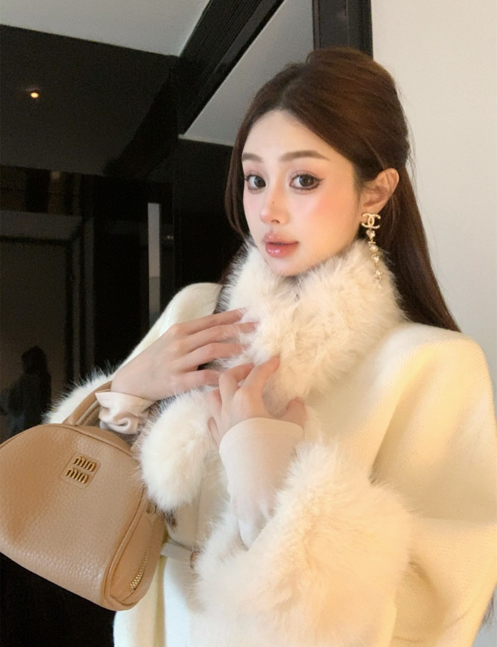 Lazy fur collar overcoat removable frenum coat