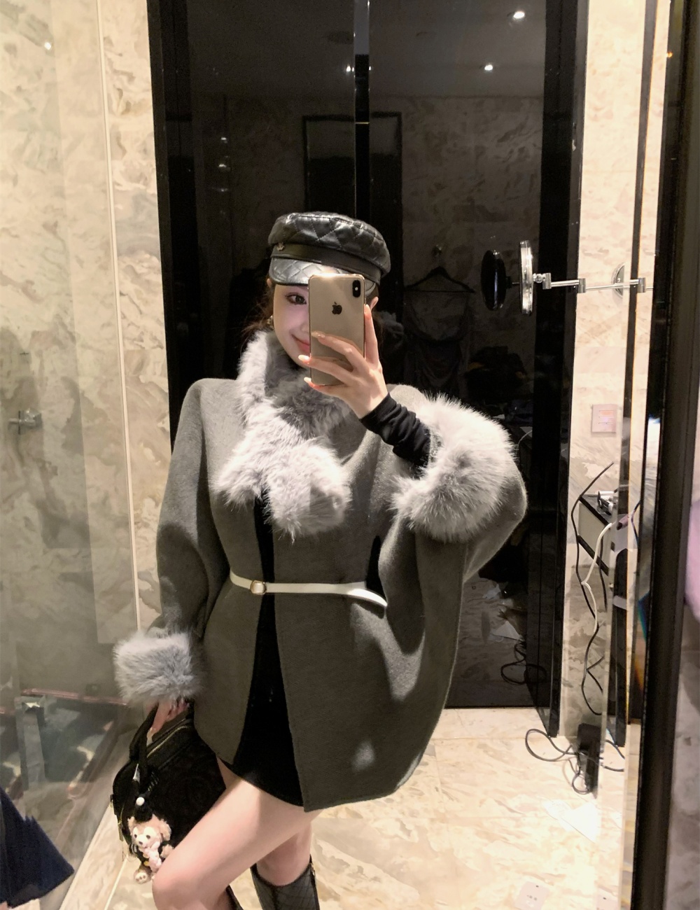 Lazy fur collar overcoat removable frenum coat