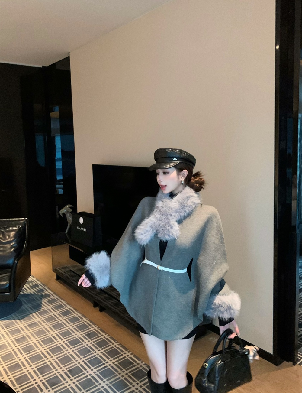 Lazy fur collar overcoat removable frenum coat