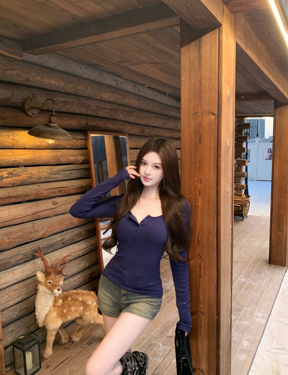 Knitted color square collar autumn and winter bottoming shirt