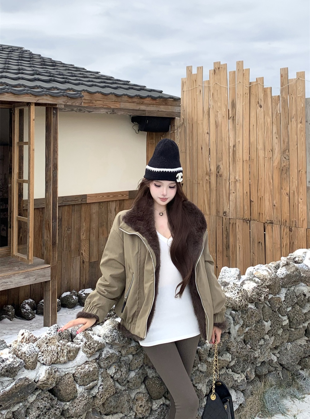 Autumn and winter large fur collar fur coat thick coat