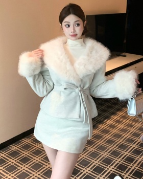 Large fur collar woolen coat woolen skirt 2pcs set
