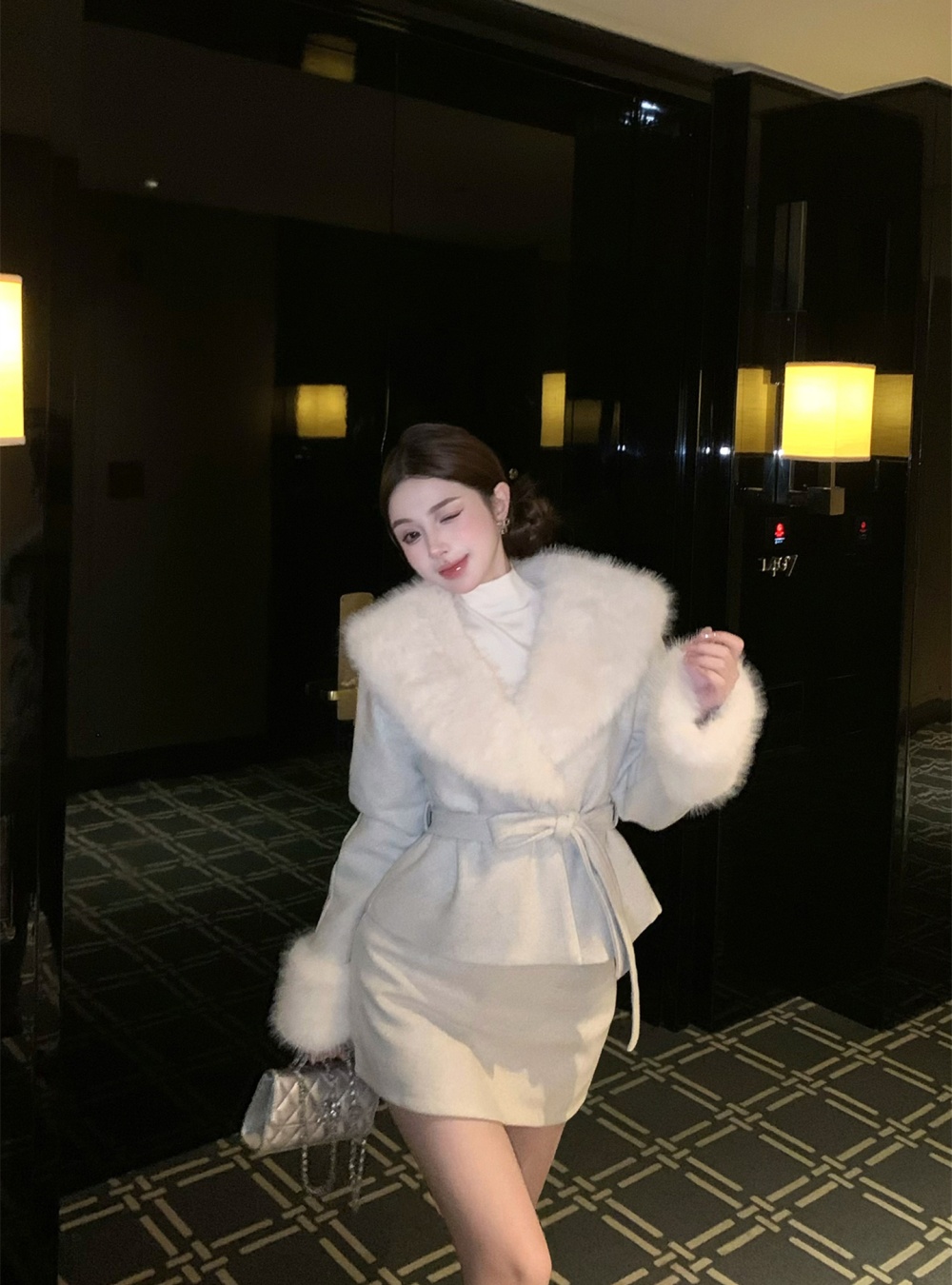 Large fur collar woolen coat woolen skirt 2pcs set