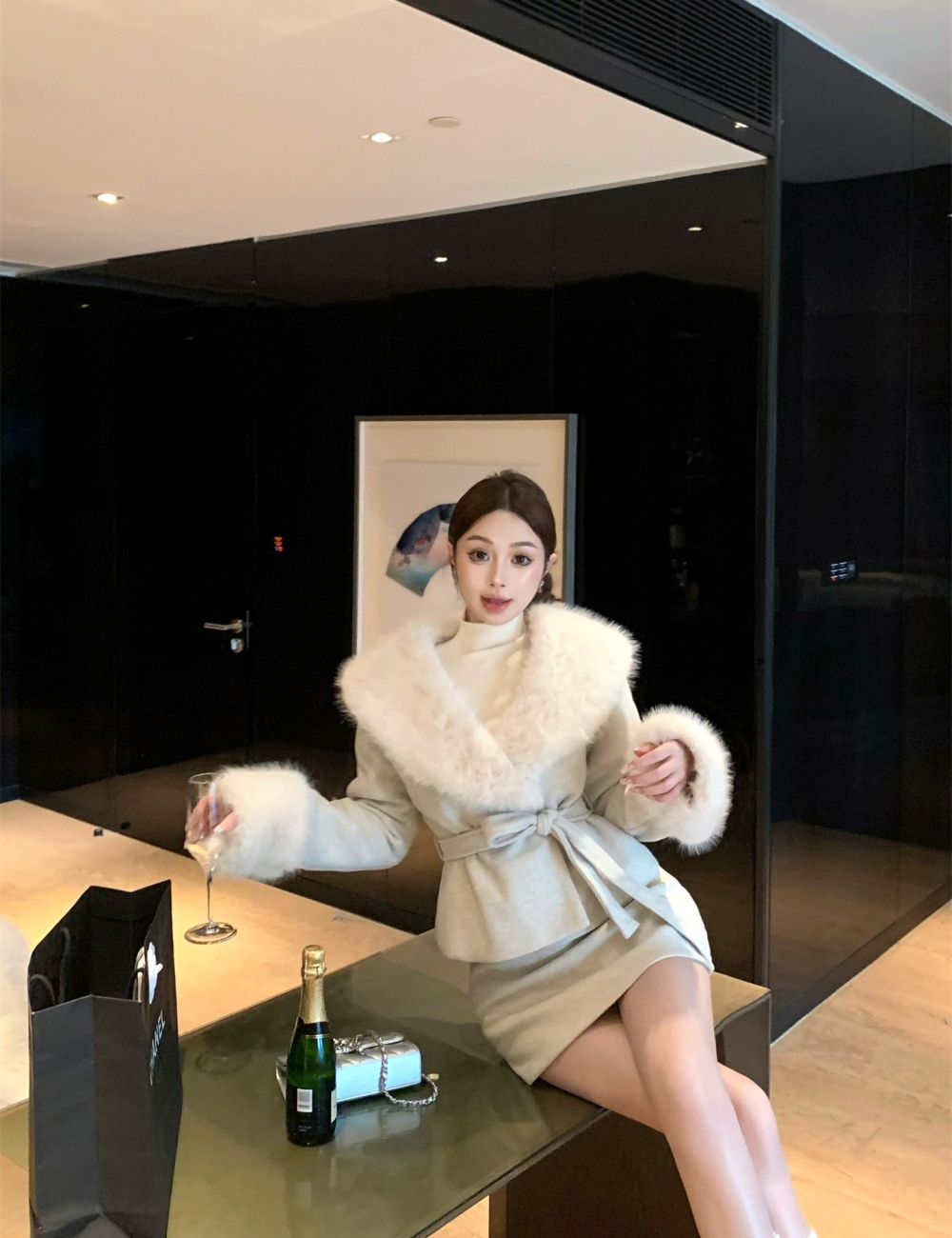 Large fur collar woolen coat woolen skirt 2pcs set