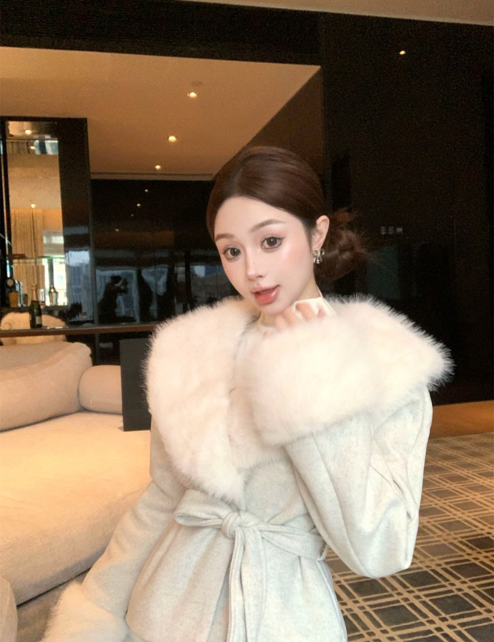 Large fur collar woolen coat woolen skirt 2pcs set