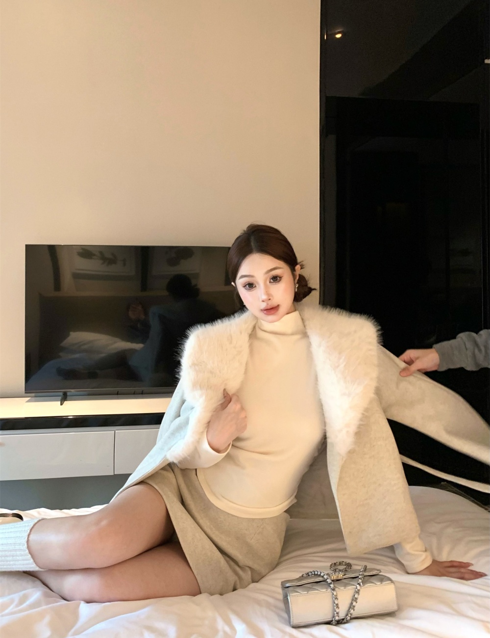 Large fur collar woolen coat woolen skirt 2pcs set