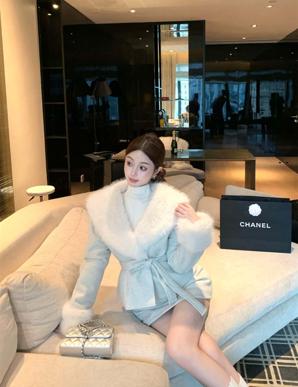 Large fur collar woolen coat woolen skirt 2pcs set