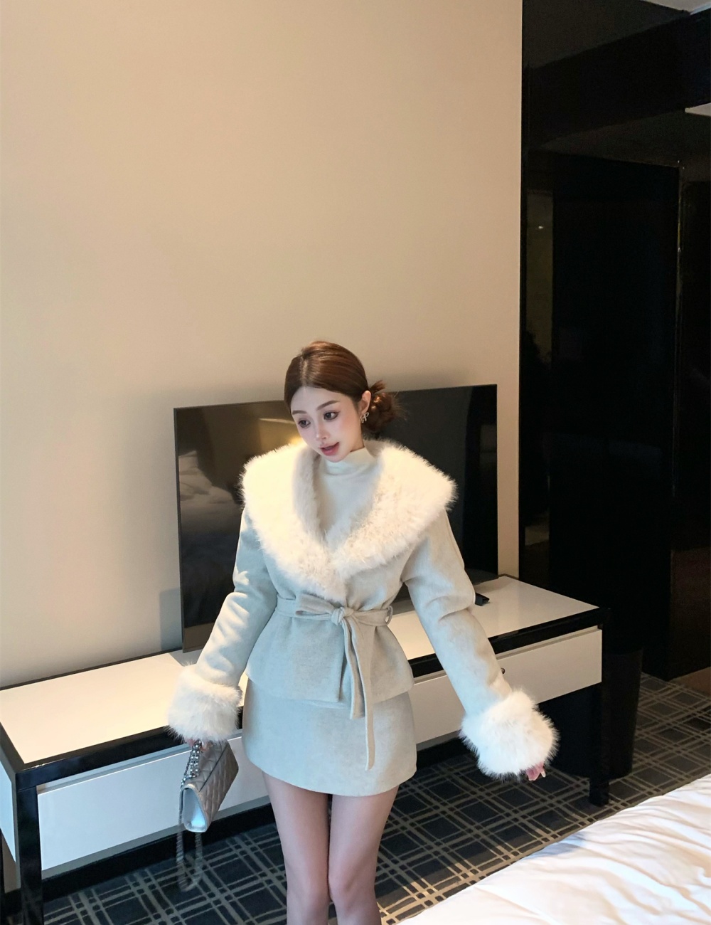 Large fur collar woolen coat woolen skirt 2pcs set