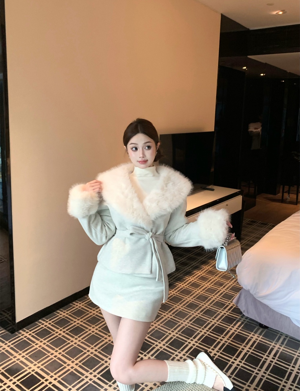 Large fur collar woolen coat woolen skirt 2pcs set
