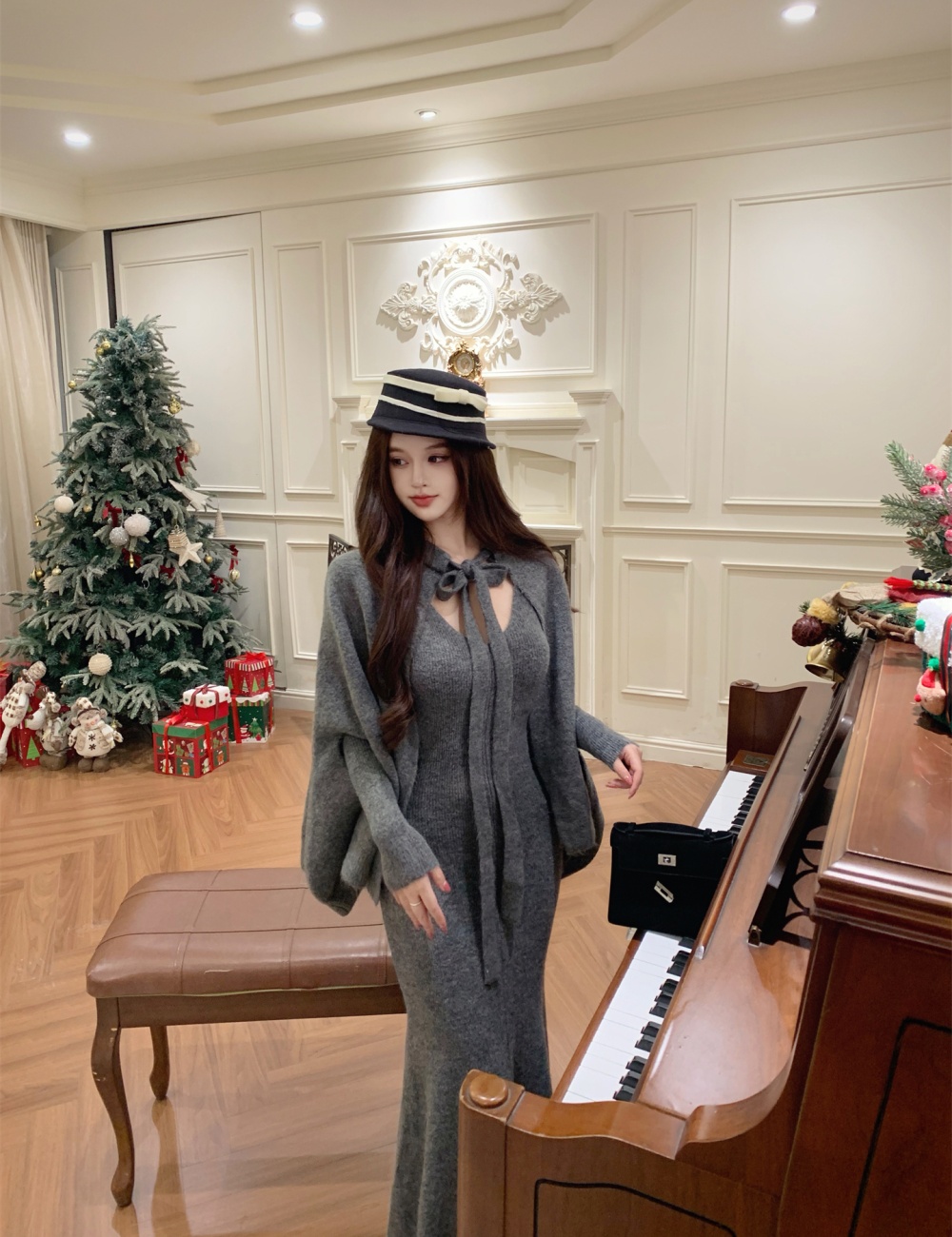 Knitted cloak inside the ride dress 2pcs set