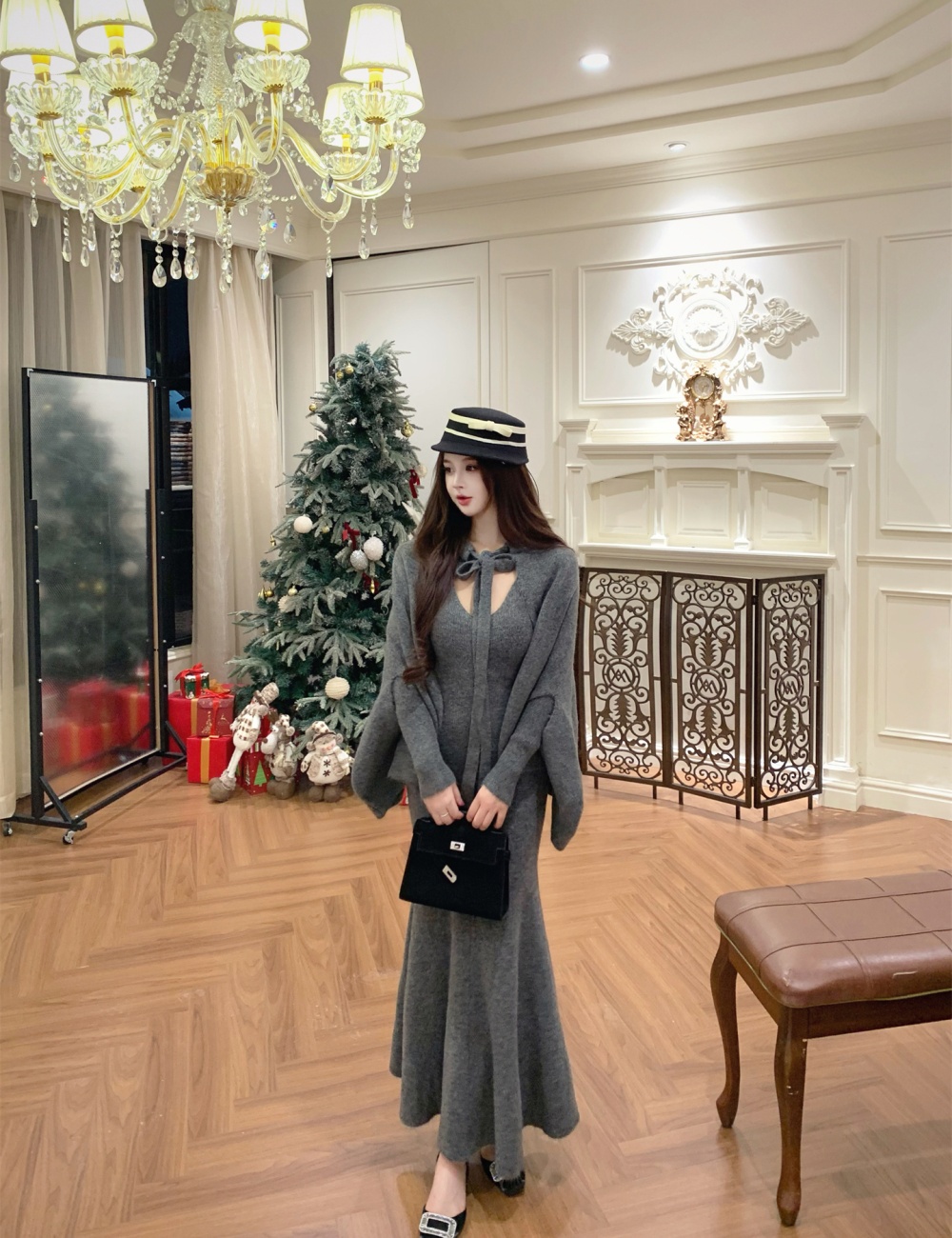 Knitted cloak inside the ride dress 2pcs set