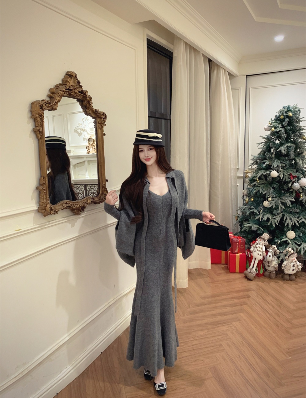 Knitted cloak inside the ride dress 2pcs set