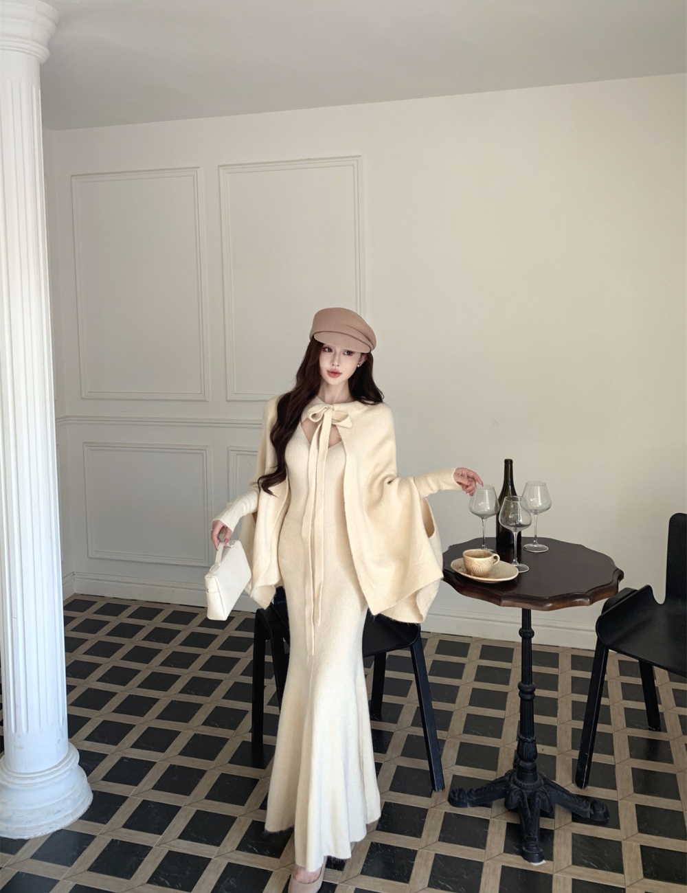 Knitted cloak inside the ride dress 2pcs set