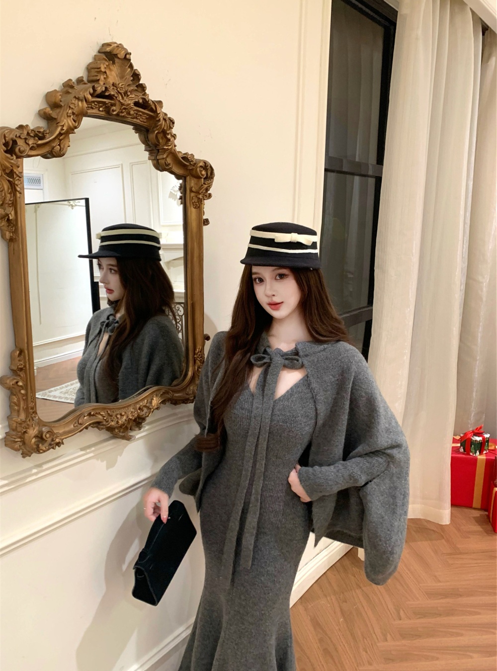 Knitted cloak inside the ride dress 2pcs set