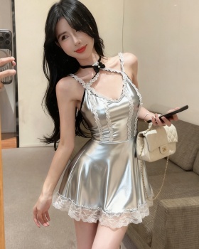 Leatherette sling dress splice silver T-back for women