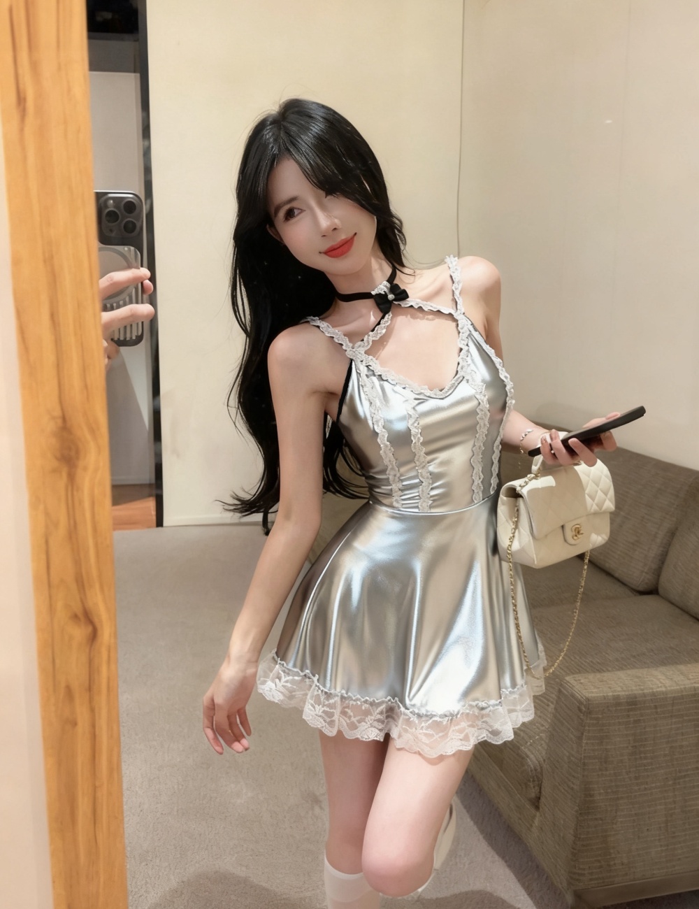 Leatherette sling dress splice silver T-back for women