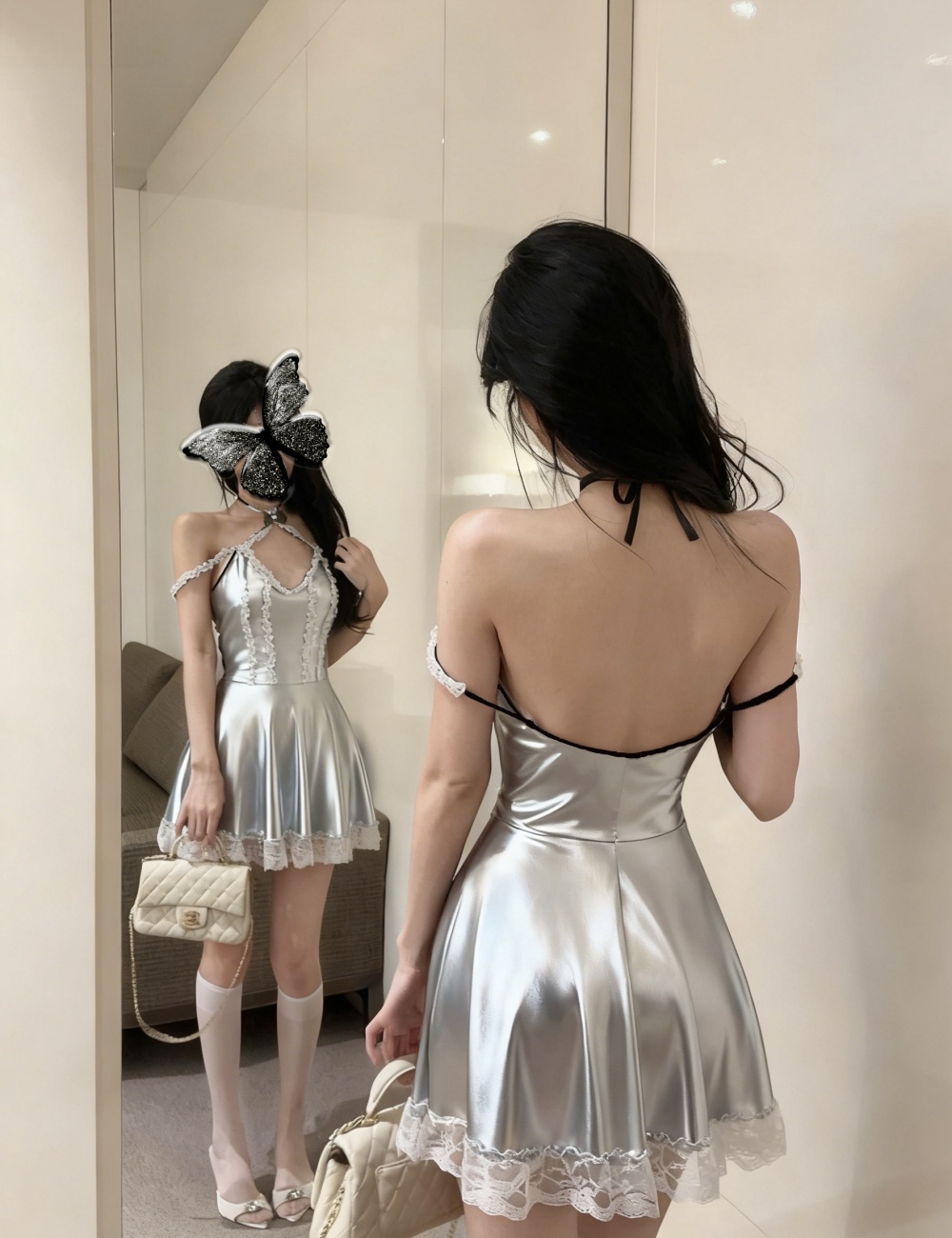 Leatherette sling dress splice silver T-back for women