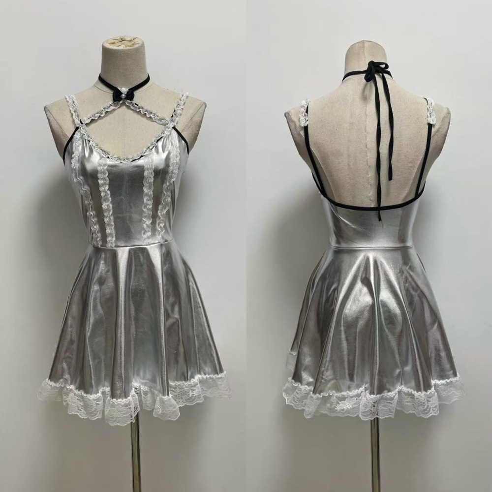 Leatherette sling dress splice silver T-back for women