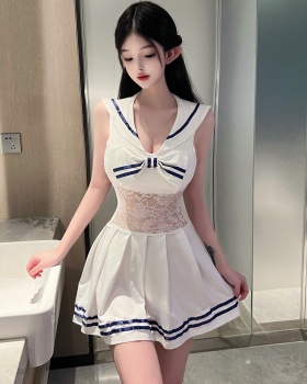 Big skirt sexy enticement T-back navy lace dress for women