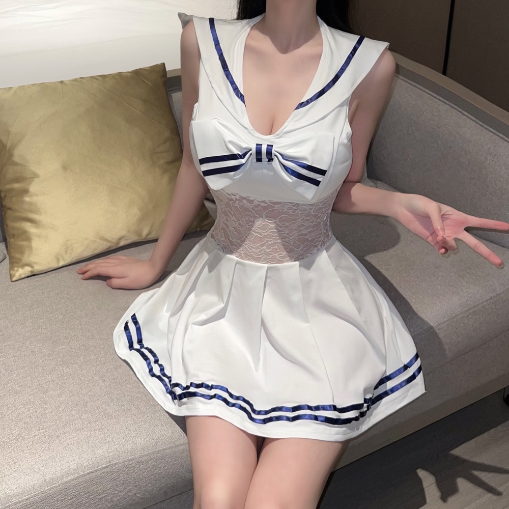 Big skirt sexy enticement T-back navy lace dress for women