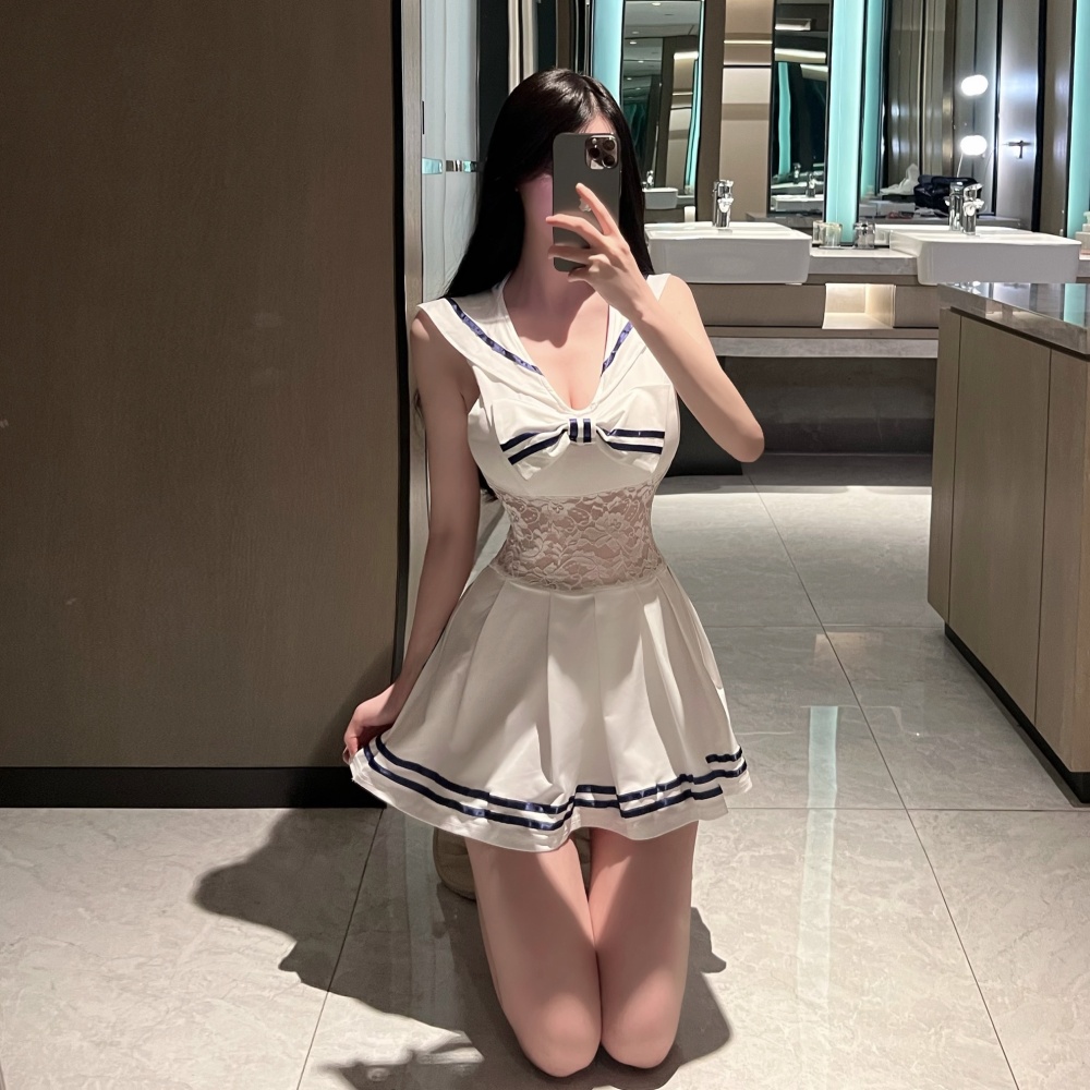 Big skirt sexy enticement T-back navy lace dress for women