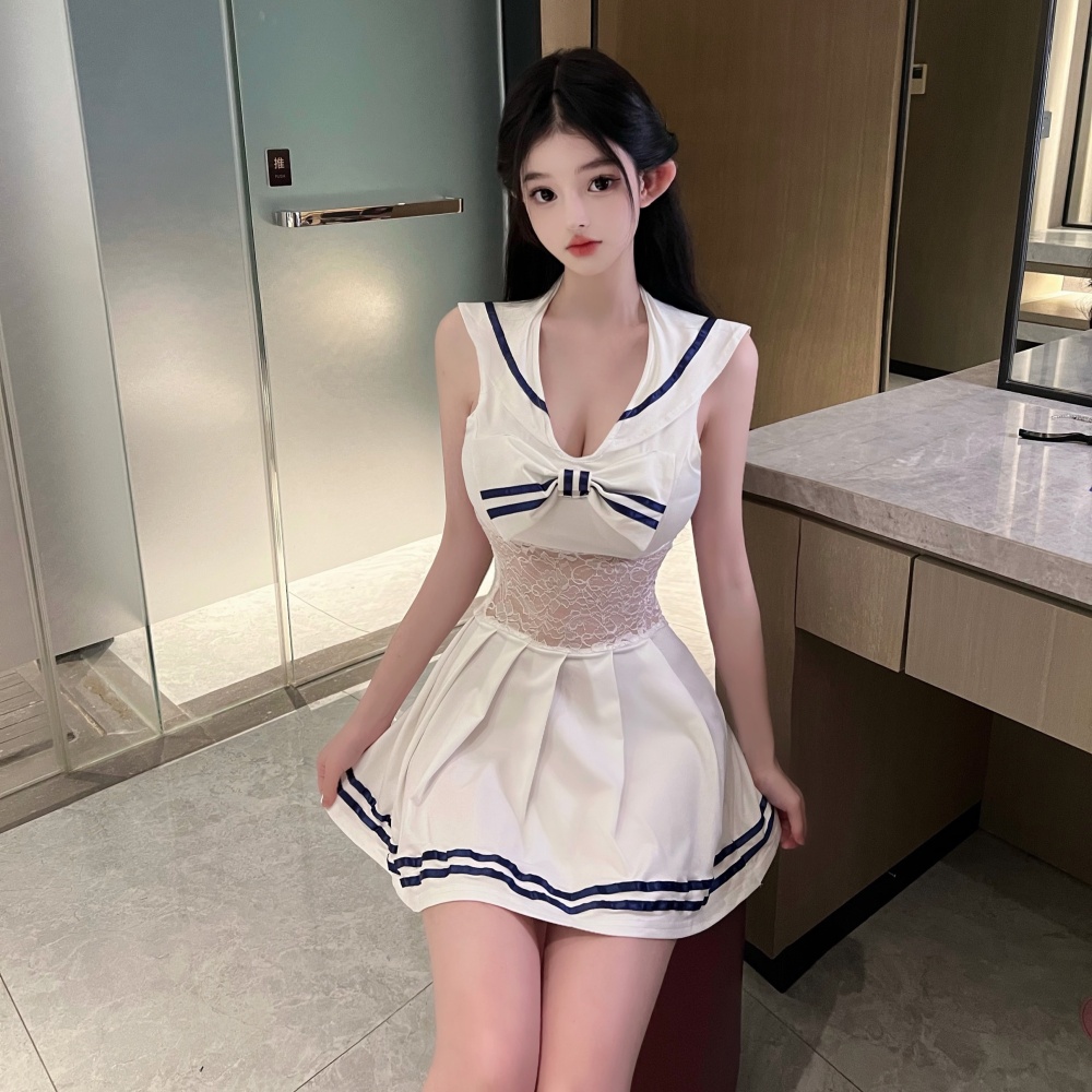 Big skirt sexy enticement T-back navy lace dress for women