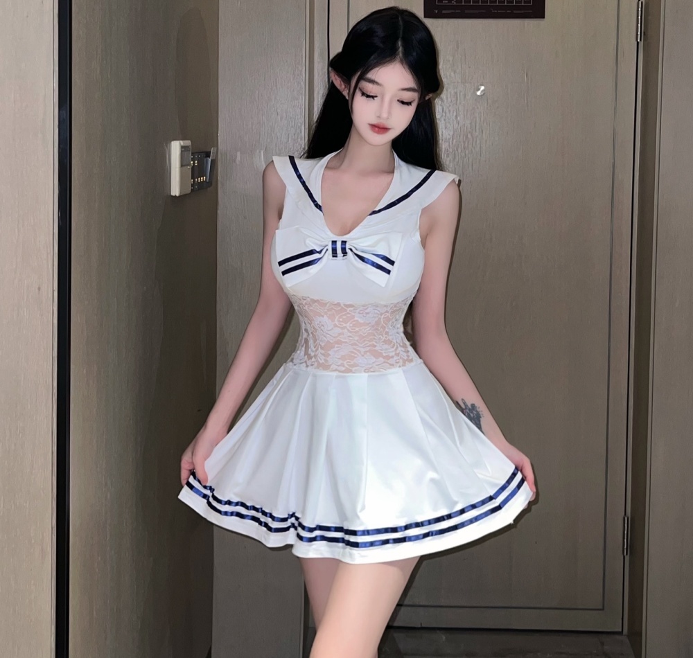 Big skirt sexy enticement T-back navy lace dress for women