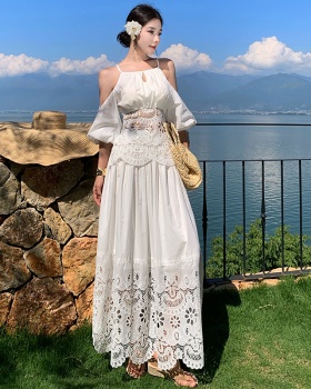 White embroidery skirt strapless hollow tops 2pcs set