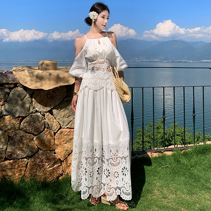 White embroidery skirt strapless hollow tops 2pcs set