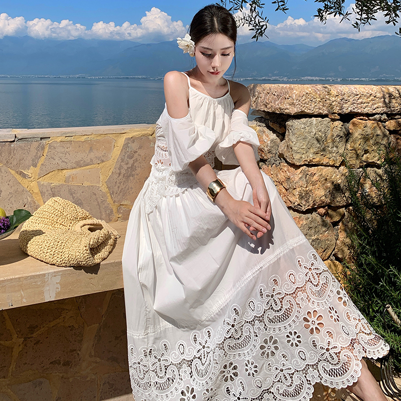 White embroidery skirt strapless hollow tops 2pcs set