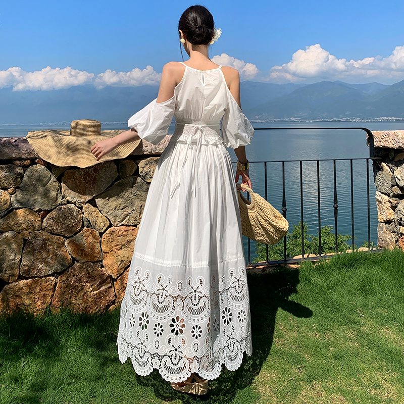 White embroidery skirt strapless hollow tops 2pcs set