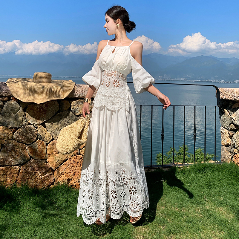 White embroidery skirt strapless hollow tops 2pcs set