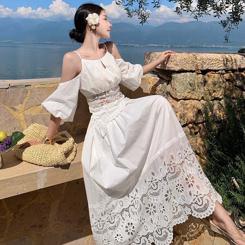 White embroidery skirt strapless hollow tops 2pcs set