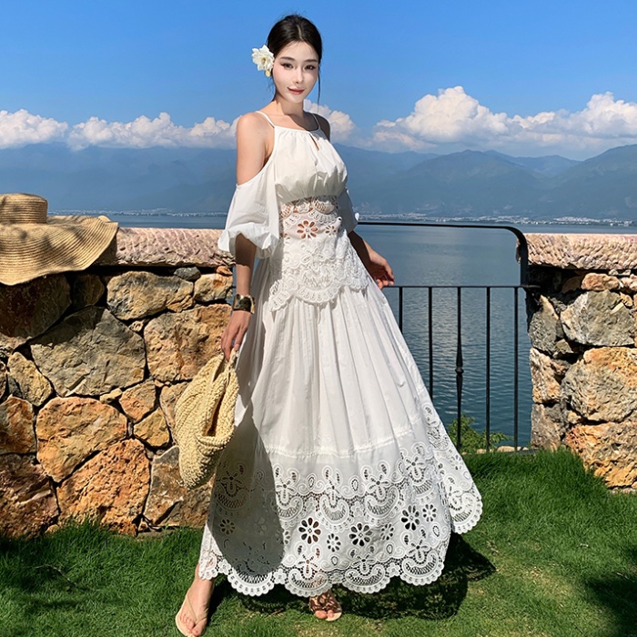 White embroidery skirt strapless hollow tops 2pcs set