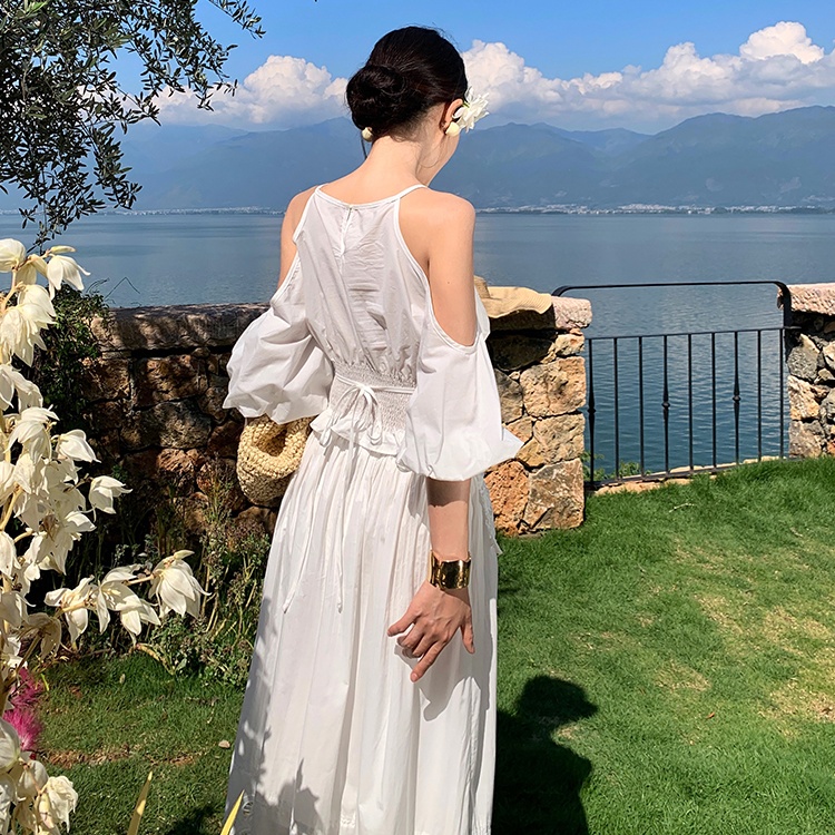 White embroidery skirt strapless hollow tops 2pcs set