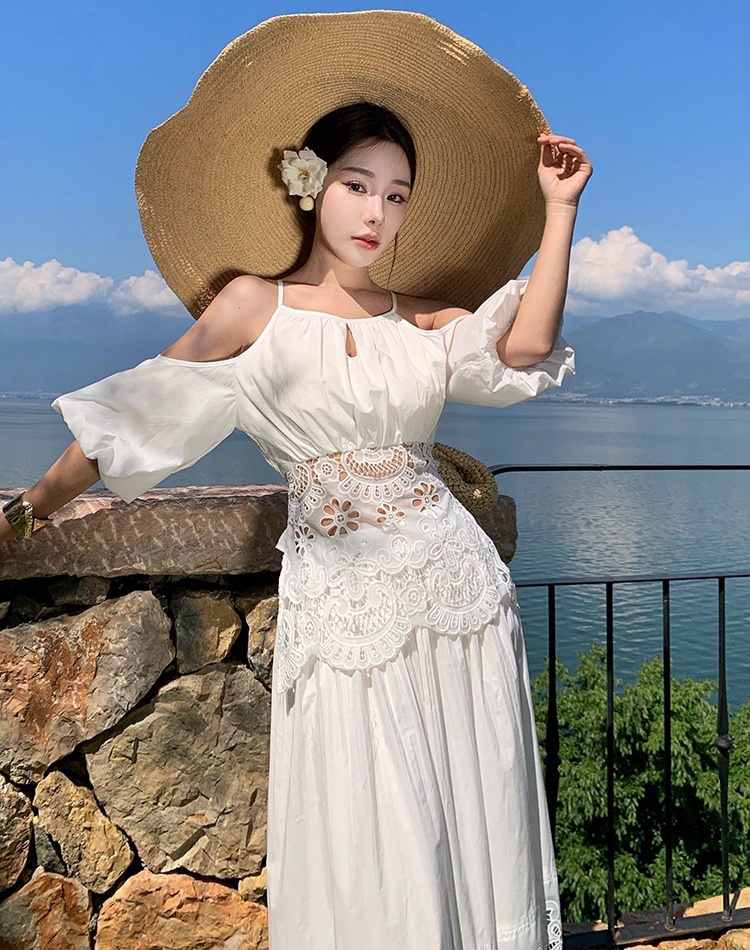 White embroidery skirt strapless hollow tops 2pcs set