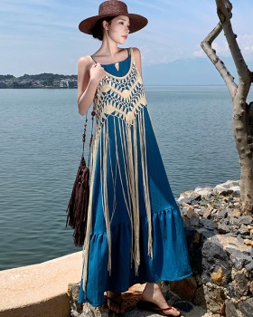 Hollow tassels fashion dress sling vacation smock 2pcs set