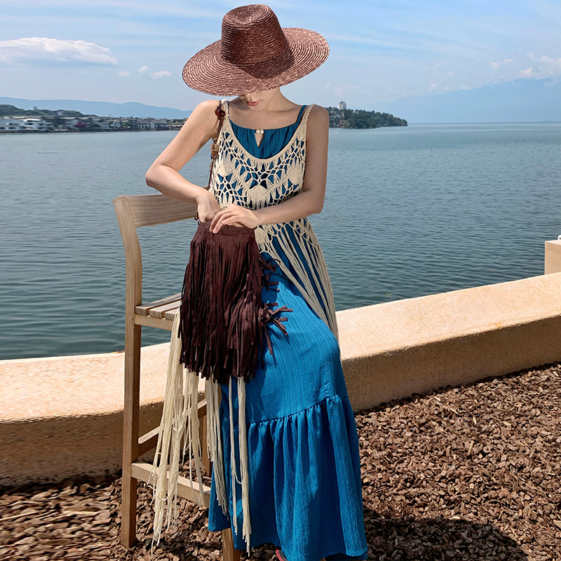 Hollow tassels fashion dress sling vacation smock 2pcs set