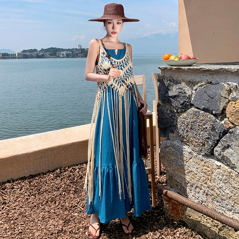 Hollow tassels fashion dress sling vacation smock 2pcs set