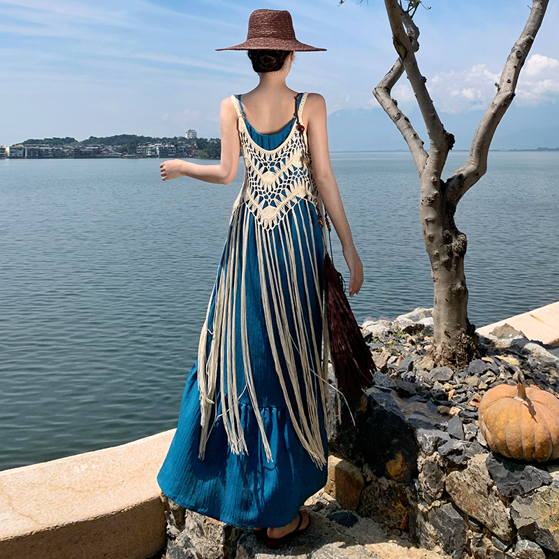 Hollow tassels fashion dress sling vacation smock 2pcs set