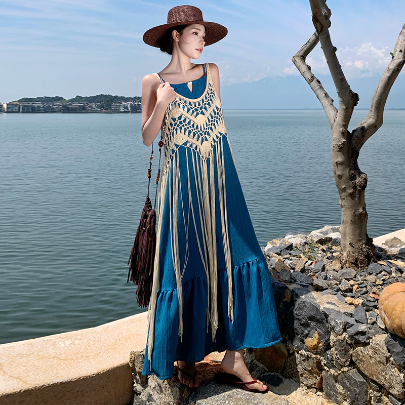 Hollow tassels fashion dress sling vacation smock 2pcs set