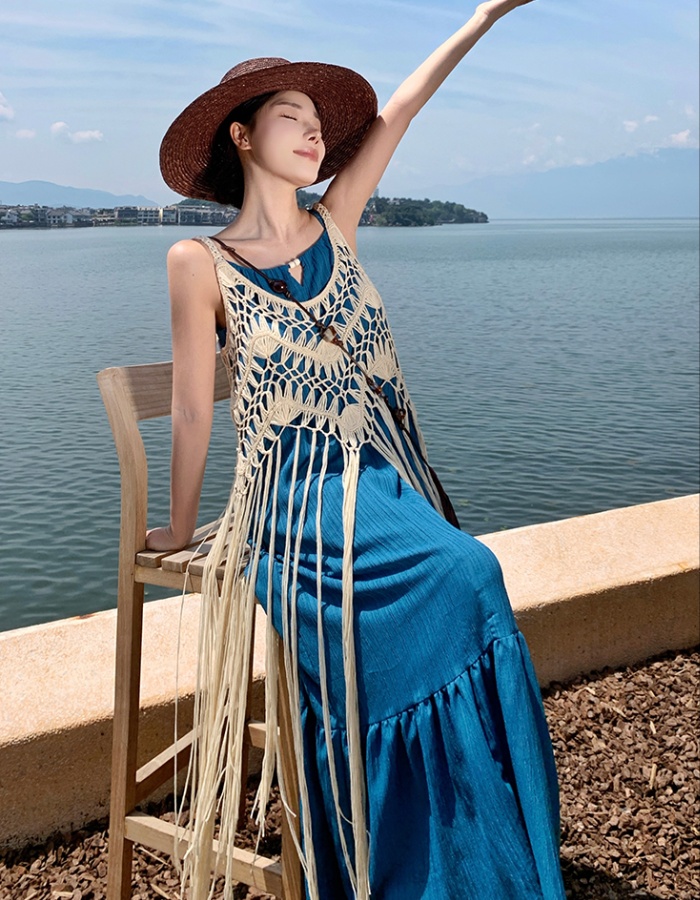 Hollow tassels fashion dress sling vacation smock 2pcs set