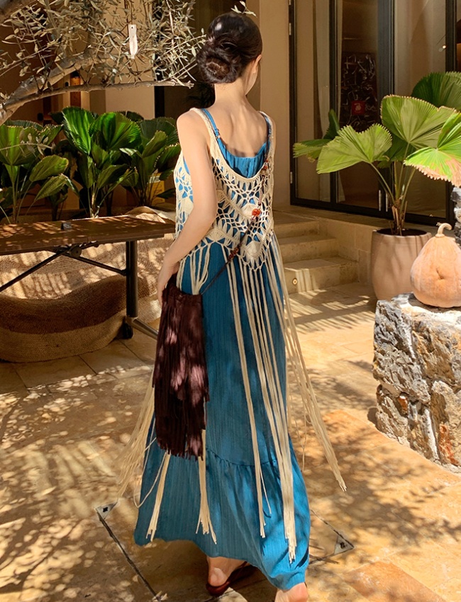 Hollow tassels fashion dress sling vacation smock 2pcs set