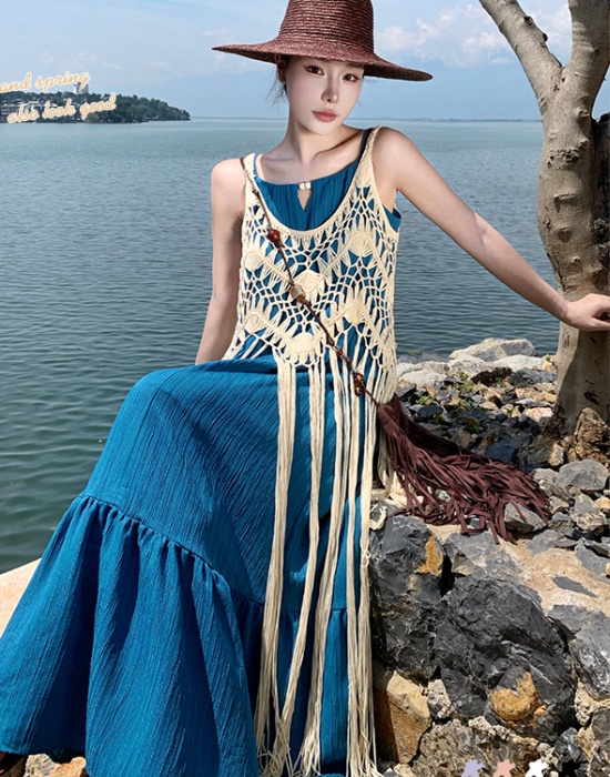 Hollow tassels fashion dress sling vacation smock 2pcs set