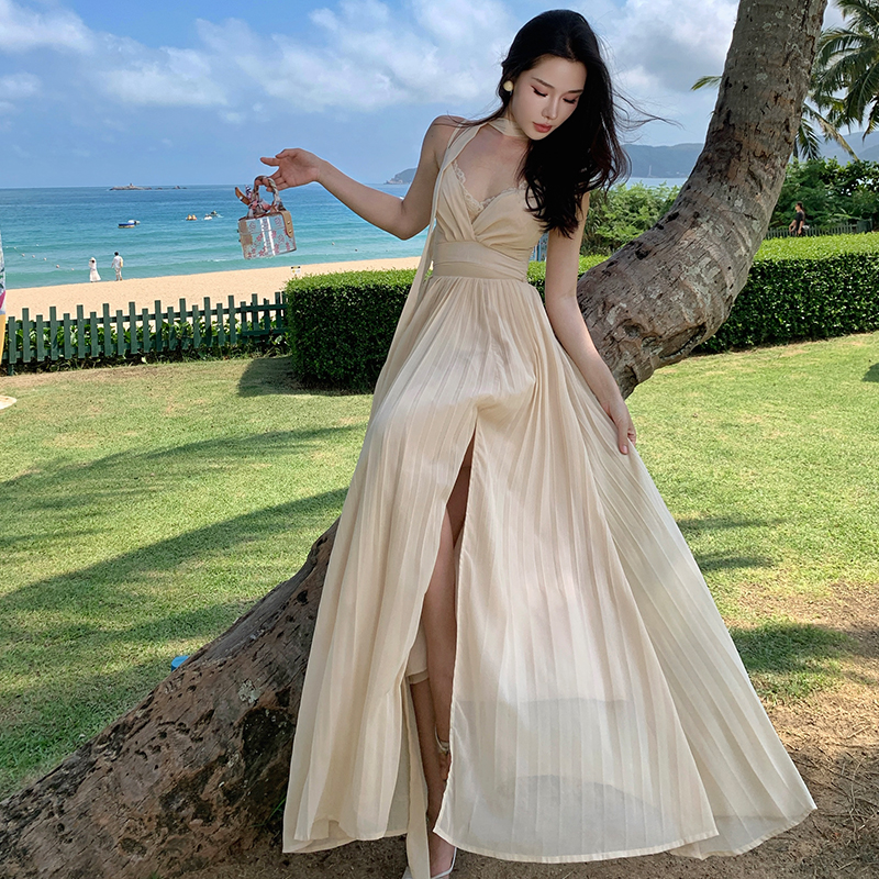 Pinched waist sexy summer dress slim vacation sling long dress